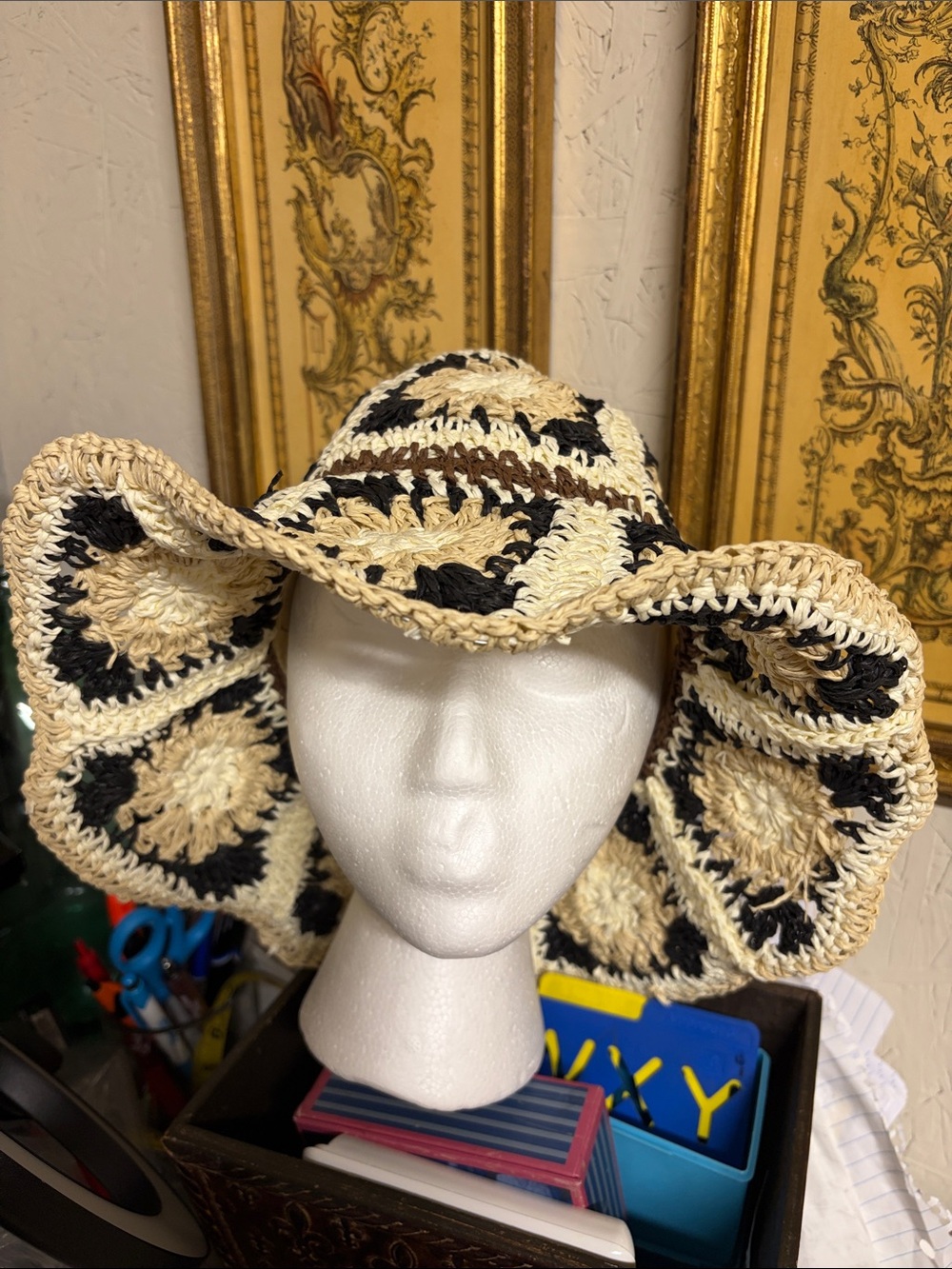 Handcrafted Crochet Sun Hat in Cream, Black & Brown